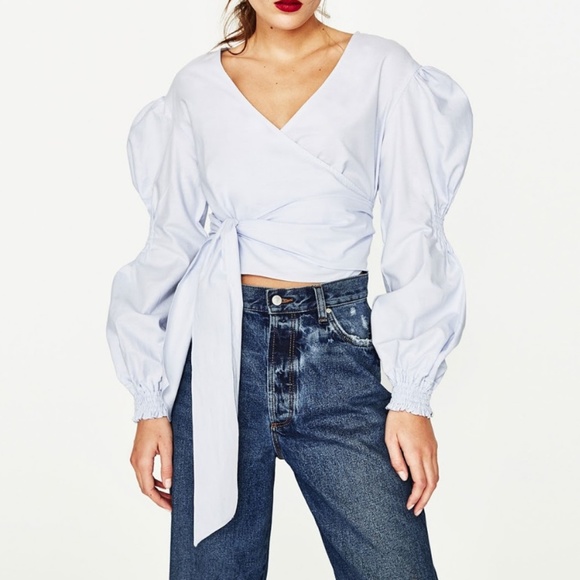 Zara Tops - Zara Long Sleeve Light Blue Wrap Puff Sleeve Shirt